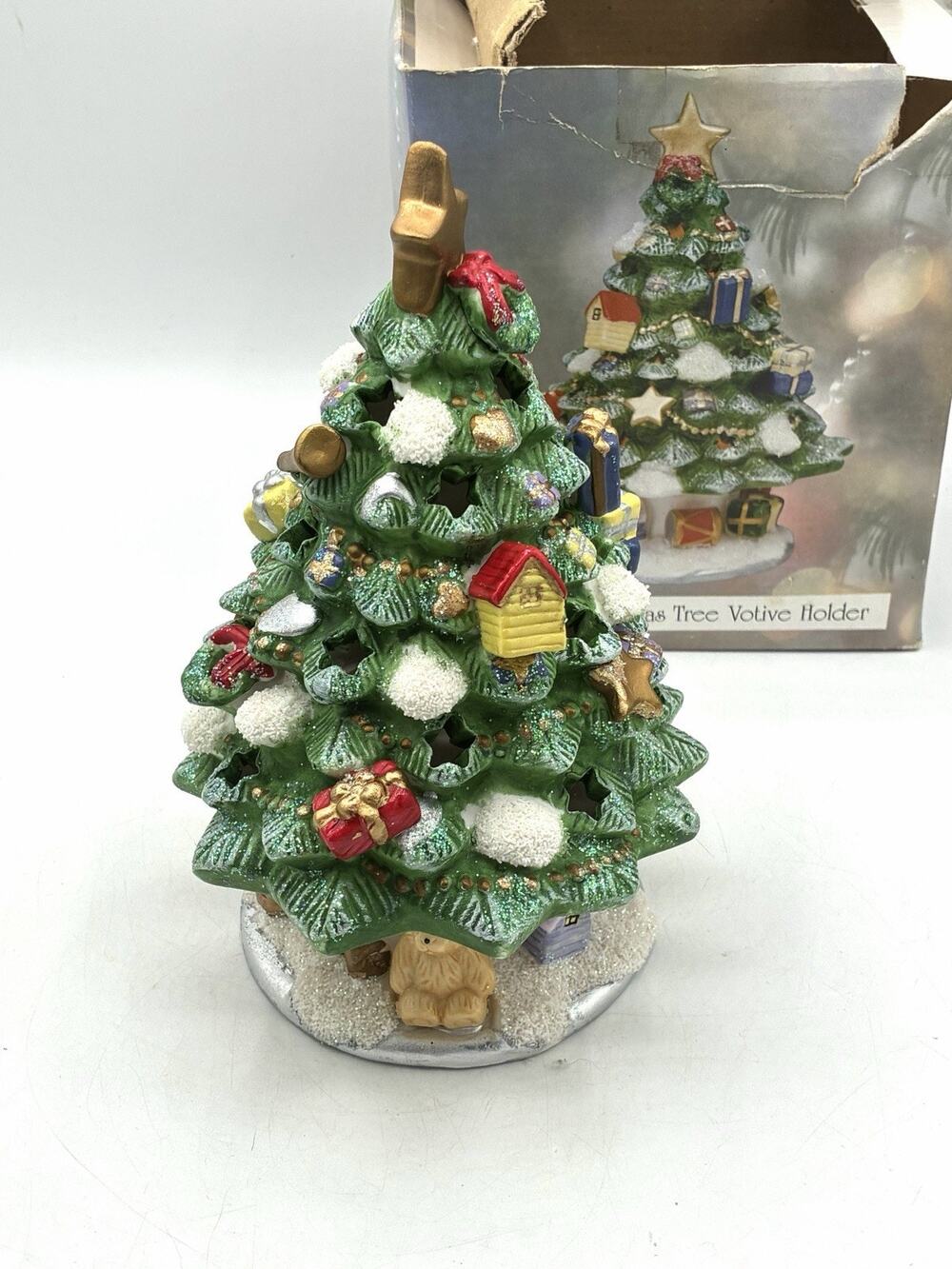 Christmas Tree Votive Candle Holder 8” Ceramic Lighted Holiday Decor NOS Box